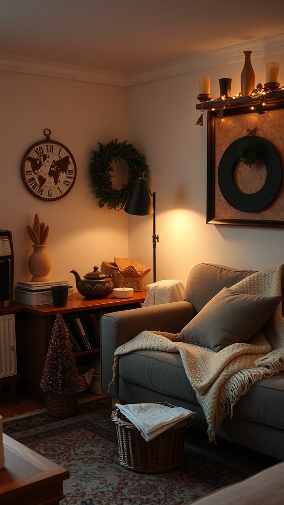 A cozy winter living room with a warm beverage station, featuring a teapot and mugs.