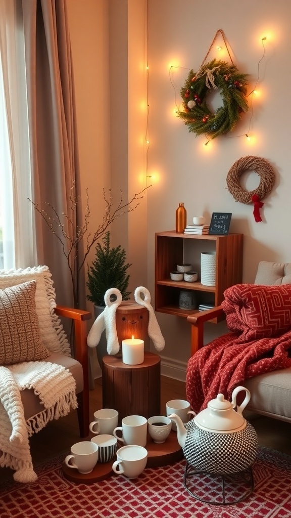 A cozy winter living room with a warm beverage station featuring a teapot, mugs, and festive decor.
