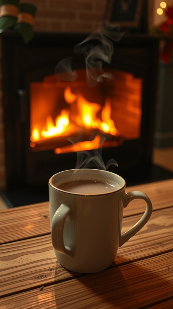 A steaming mug of hot beverage in front of a cozy fireplace.