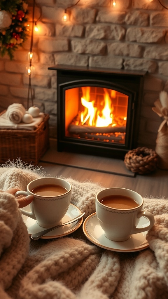 Two cups of warm beverages by a fireplace with a cozy blanket.