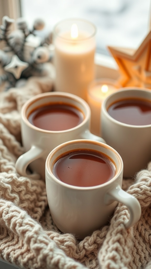 Three cozy mugs filled with warm beverages, surrounded by candles and a soft blanket.
