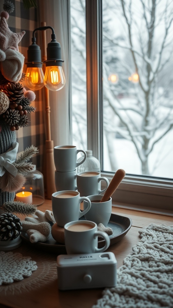A cozy winter beverage station with mugs and a warm atmosphere.