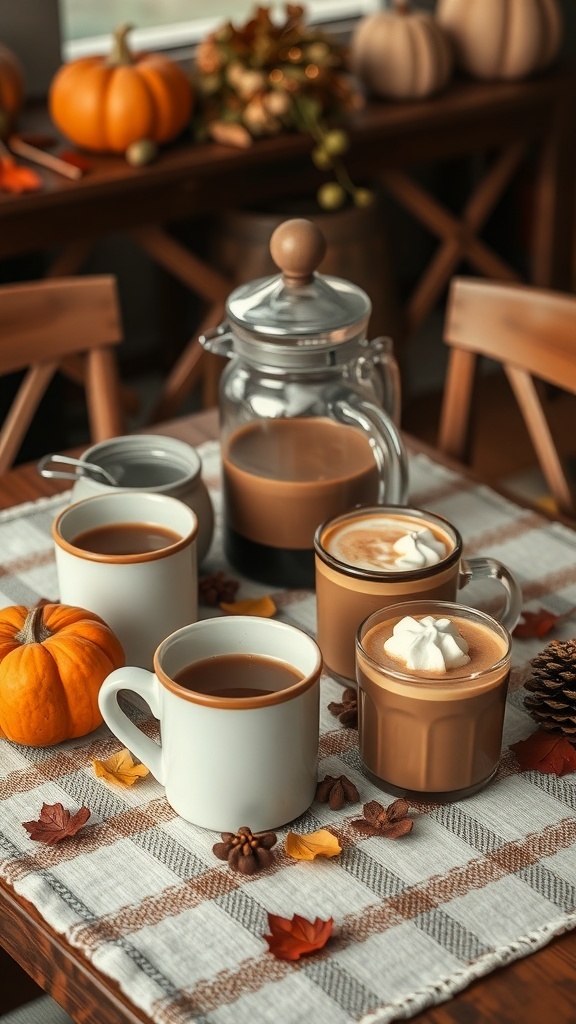 A cozy fall table featuring warm beverages, including coffee and pumpkin spice lattes, with decorative pumpkins and autumn leaves.