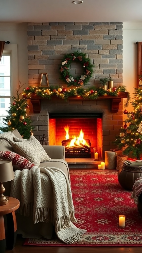 A cozy living room with a fireplace, warm blankets, and Christmas decorations.