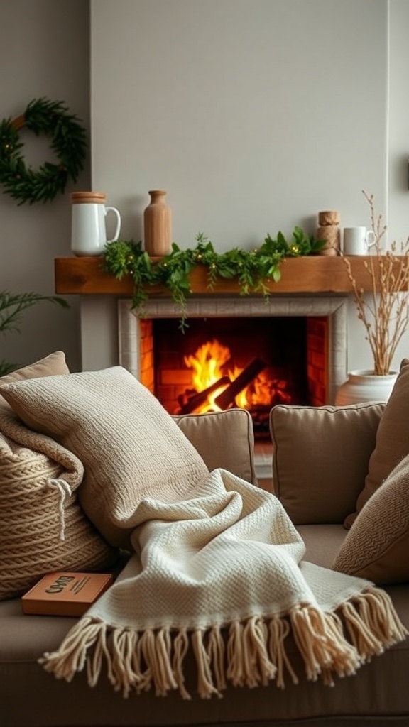 A cozy living room with warm blankets and soft cushions near a fireplace.