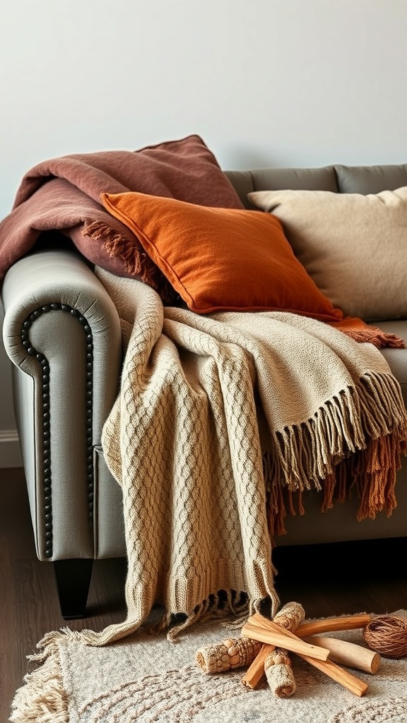 Cozy couch with warm blankets and pillows in autumn colors