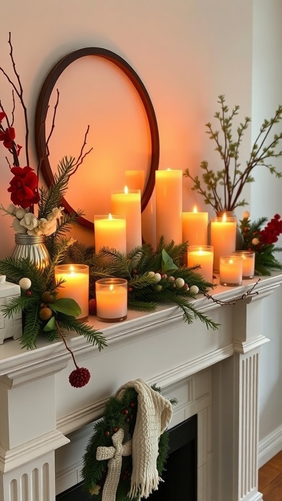 A warm candle arrangement on a mantel with greenery and pinecones.