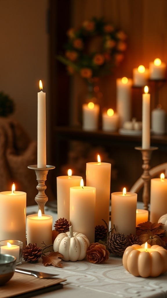 A cozy arrangement of candles in various heights, surrounded by pumpkins and pinecones, creating a warm fall atmosphere.