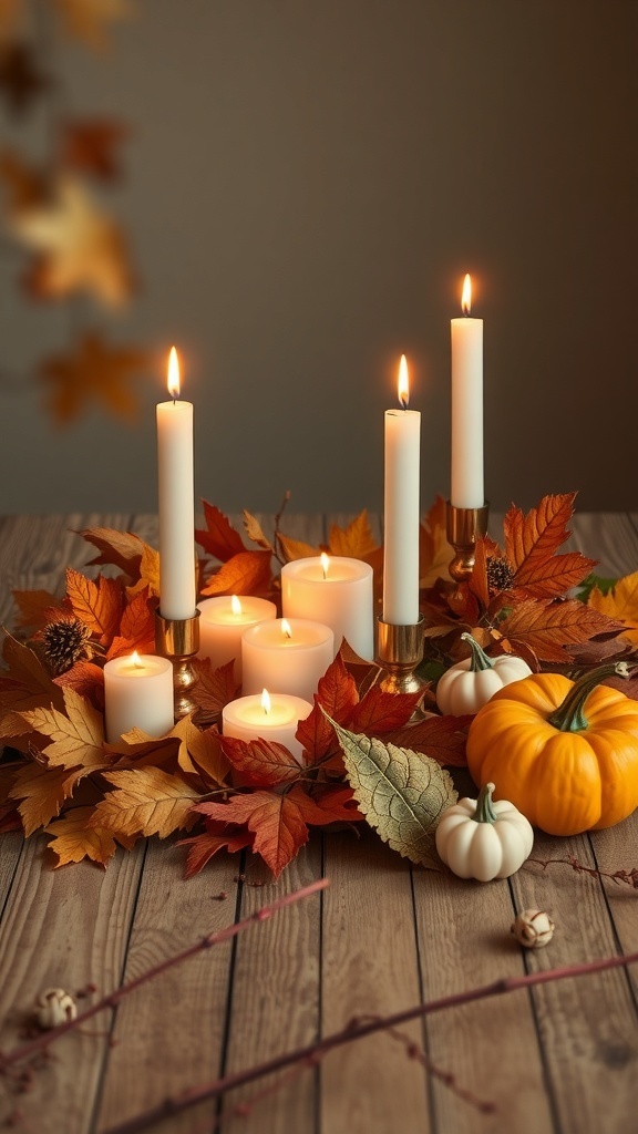 A cozy arrangement of candles surrounded by autumn leaves and small pumpkins.