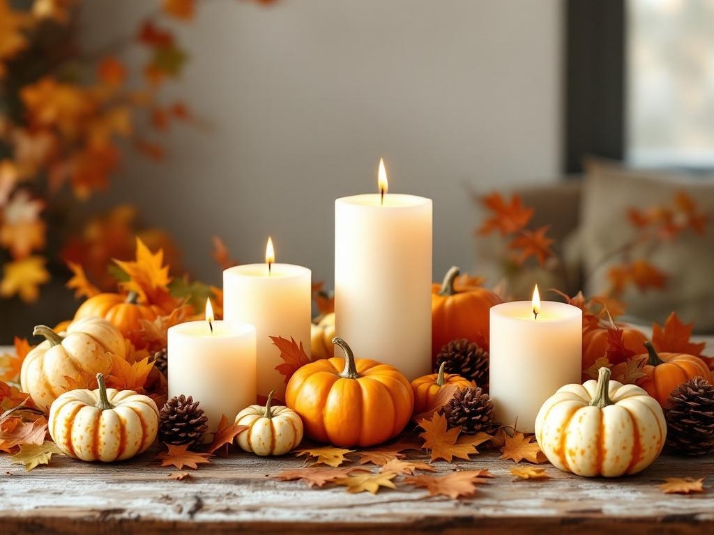 A warm candle arrangement with pumpkins and autumn leaves on a wooden table.