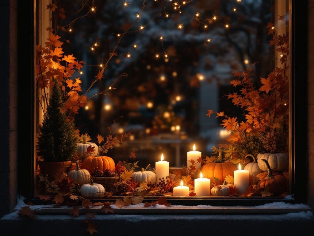 A cozy Thanksgiving window display featuring candles, pumpkins, and autumn leaves.