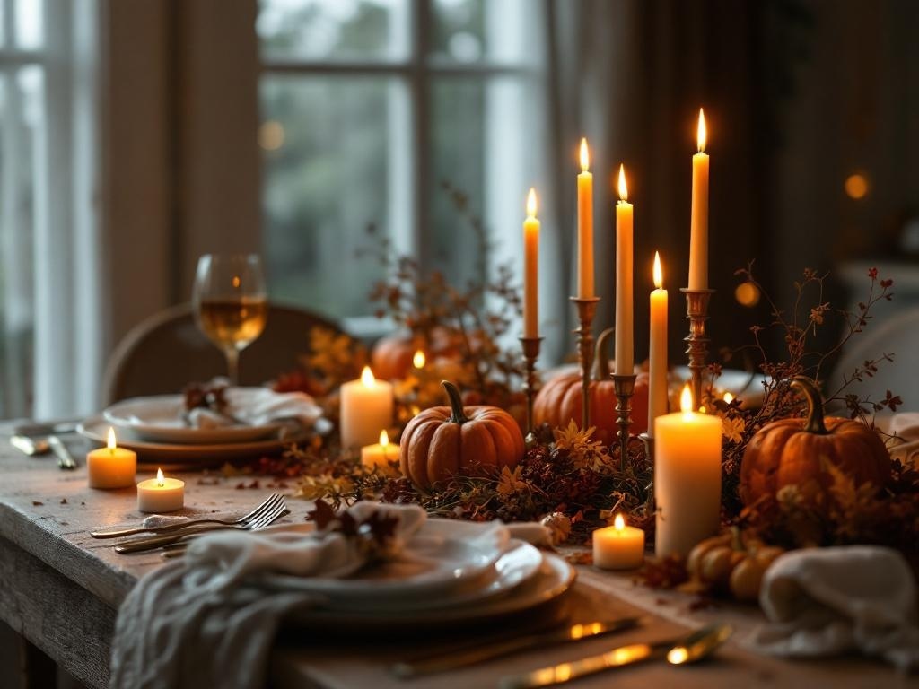Thanksgiving table setting with candles and pumpkins