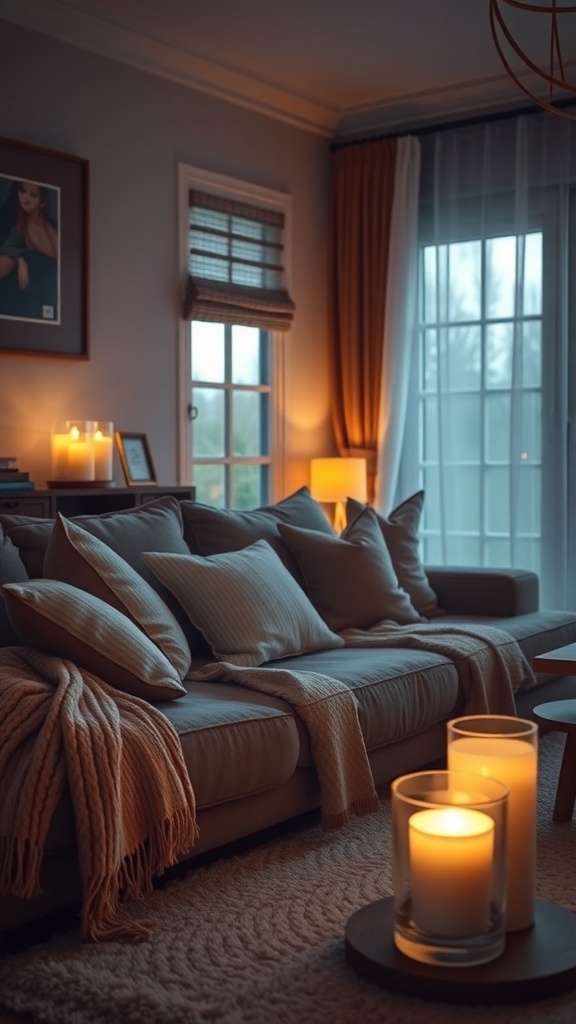 Cozy living room with candles and soft lighting