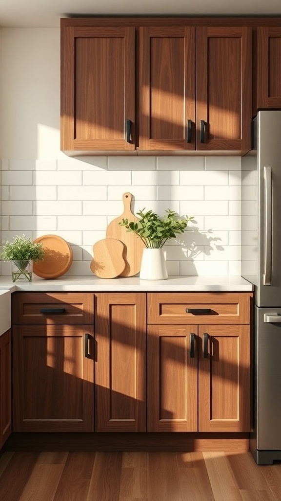 A kitchen featuring warm chocolate brown cabinets, white subway tiles, and wooden cutting boards.