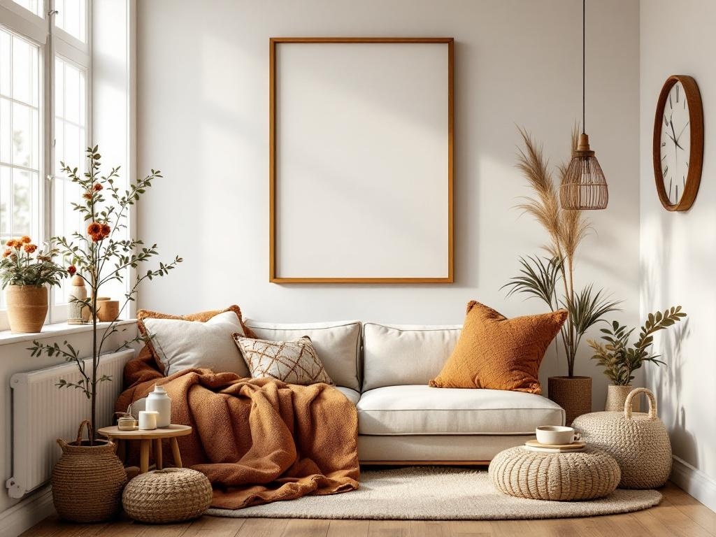 Cozy living room with warm cinnamon tones, featuring a neutral sofa, orange pillows, and potted plants.