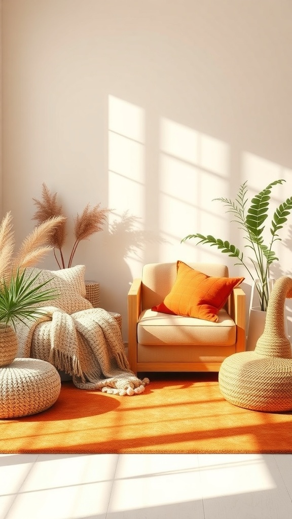 A cozy living space with warm color accents including orange pillows and a rug.