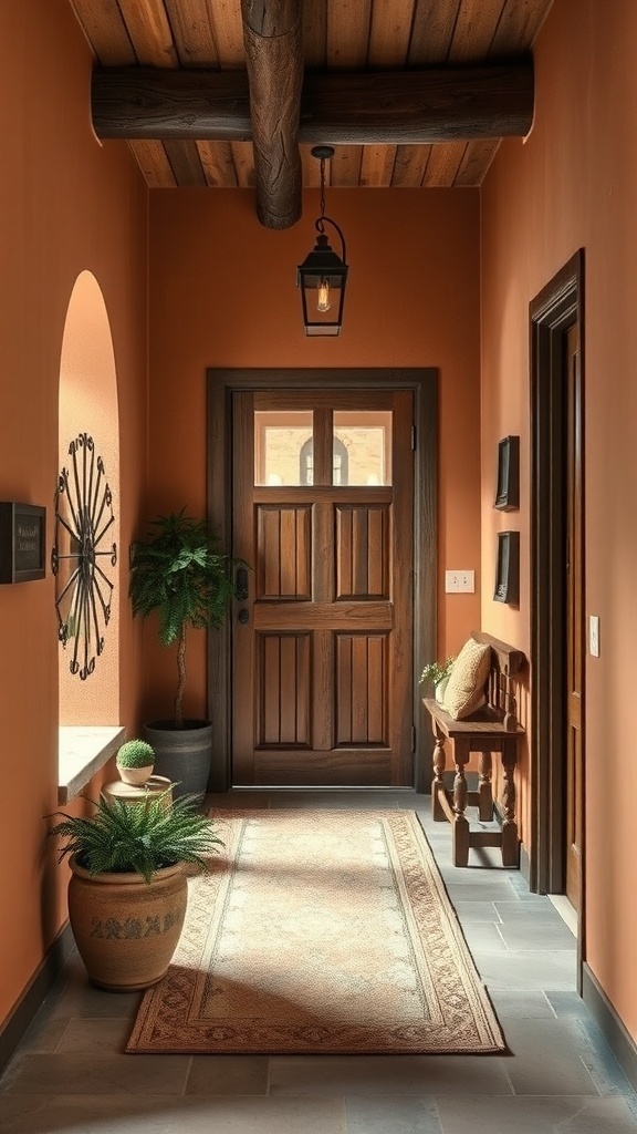 A rustic entryway featuring a wooden door, warm orange walls, and decorative pots.