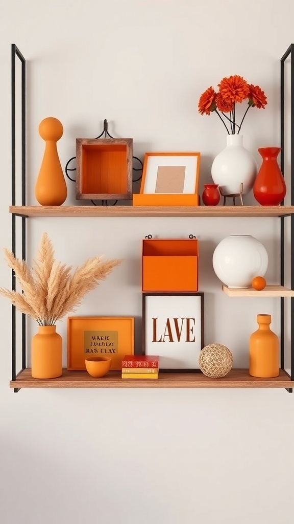 A decorative shelf featuring warm orange and red accents, including vases, framed art, and dried flowers.