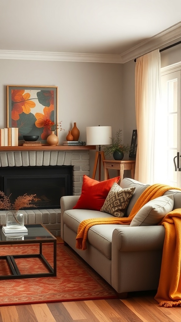 A cozy living room with warm color accents, featuring a light gray sofa with orange and patterned pillows, a throw blanket, and autumn-themed artwork.