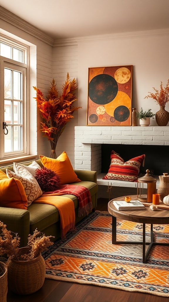 Cozy living room with warm fall decorations, featuring a green sofa, orange and red pillows, and autumn foliage.
