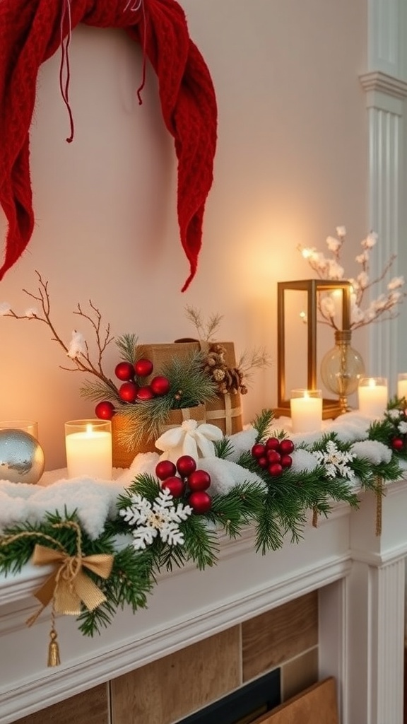 Winter fireplace mantle decor with warm color accents, including red ornaments and candles.
