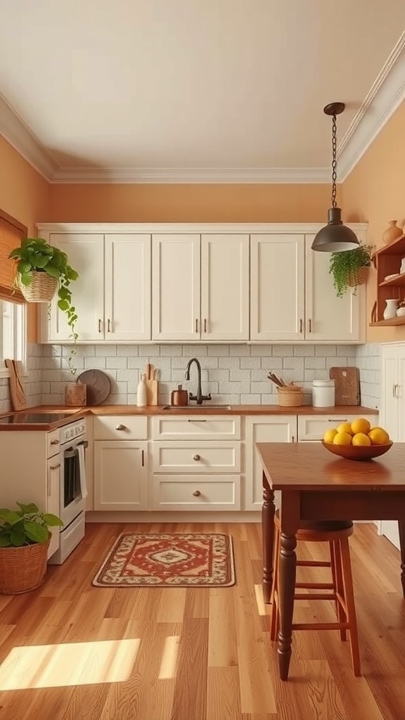 A cozy farmhouse kitchen featuring earthy tones and white cabinetry.