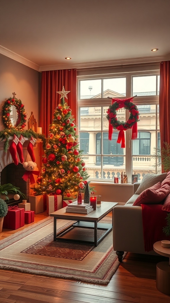 Cozy Christmas decor featuring a warm color palette with a decorated tree and festive accents.