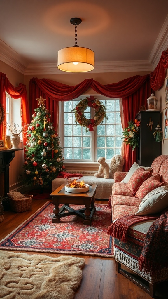 Cozy winter room with warm colors, a decorated Christmas tree, and a comfortable sofa.