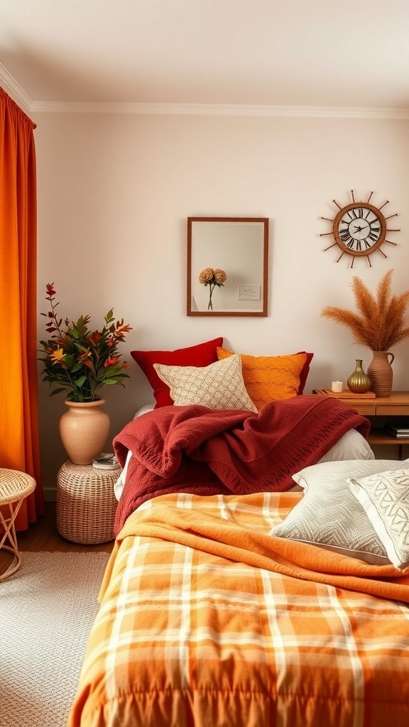 A cozy fall-themed bedroom with warm colors, featuring orange and red bedding, textured pillows, and natural decor.