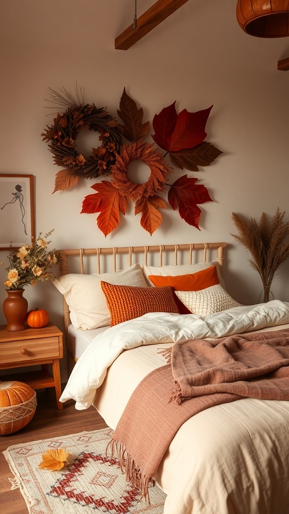 A cozy fall-themed bedroom with warm colors, featuring a bed with layered pillows, a throw blanket, and autumn decorations.