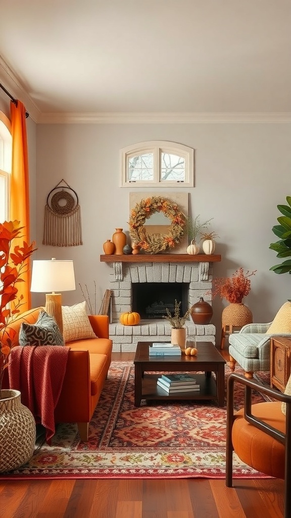 Cozy living room decorated for fall with warm colors, pumpkins, and a fireplace.
