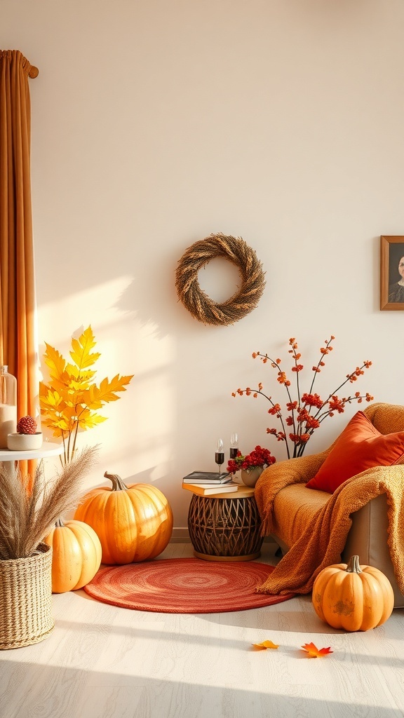 Cozy fall room with warm colors, pumpkins, and autumn decorations.