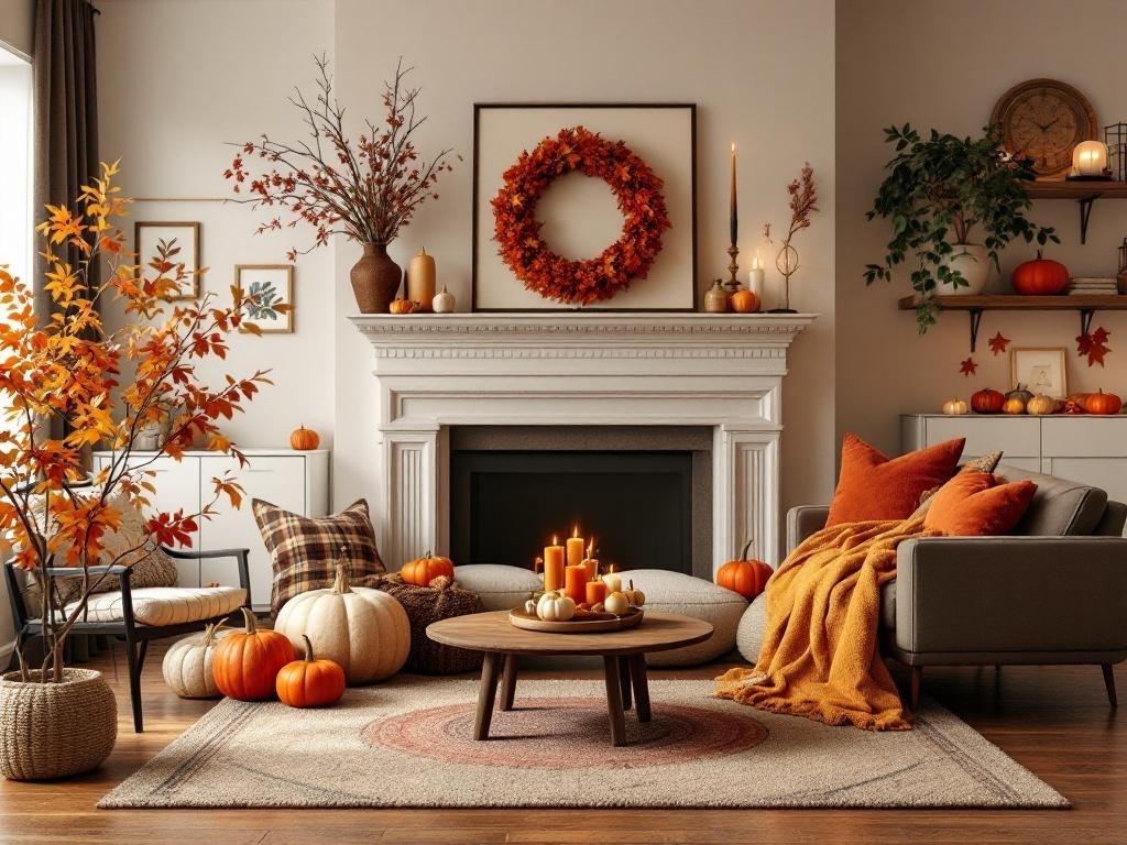 Cozy living room decorated for Thanksgiving with warm colors, pumpkins, and autumn leaves.