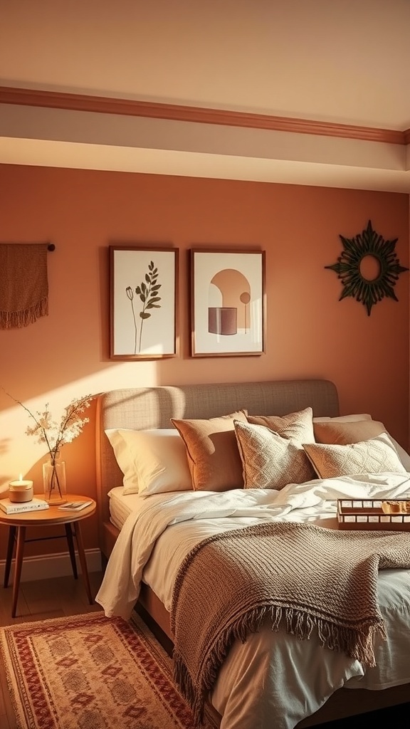 A cozy bedroom with warm colors, featuring an orange wall, soft bedding, and natural elements.