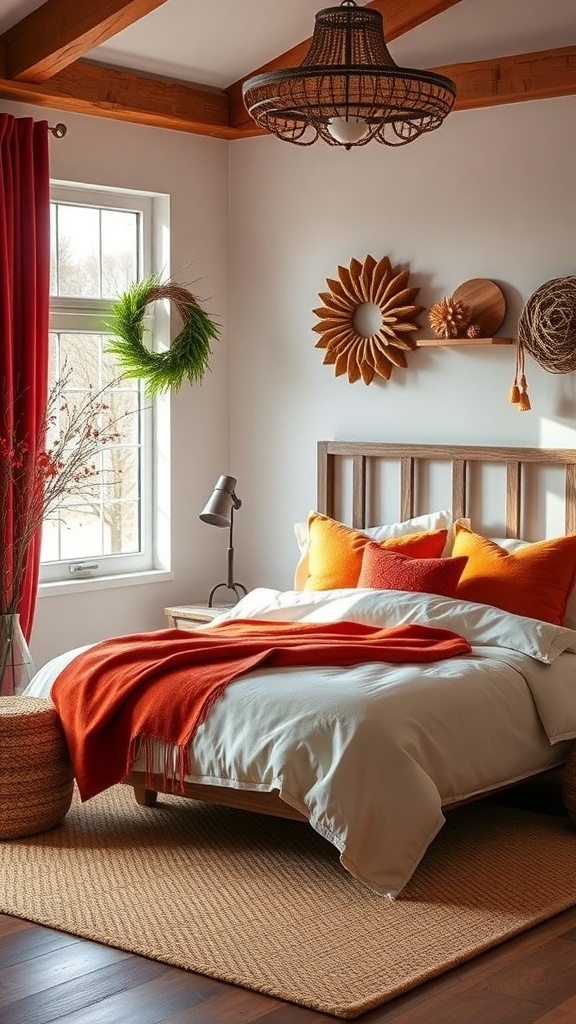 A cozy fall-themed bedroom with warm colors, featuring a bed with orange pillows and a red throw blanket, surrounded by natural decor.