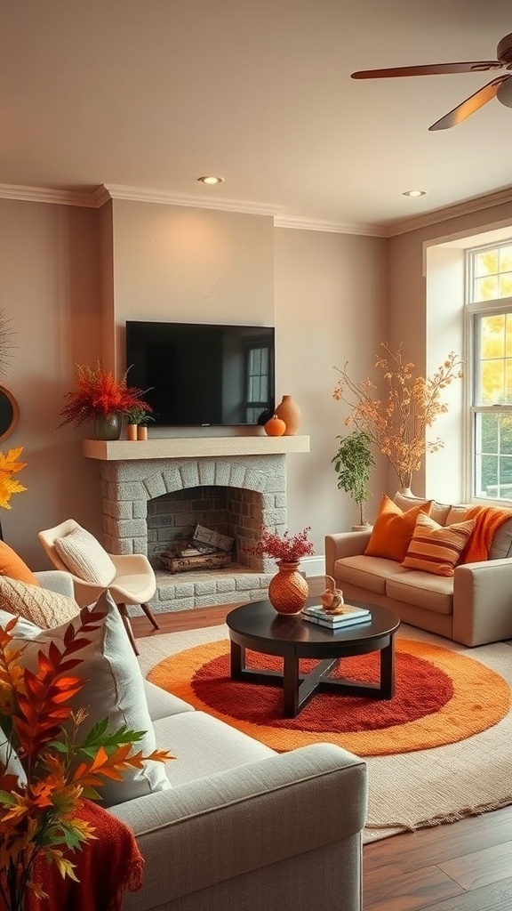A cozy living room decorated for fall with warm colors, featuring beige sofas, an orange area rug, and autumn-themed decor.