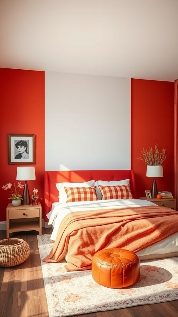 A cozy fall-themed bedroom with warm orange walls, a comfortable bed with patterned pillows, and natural decor elements.