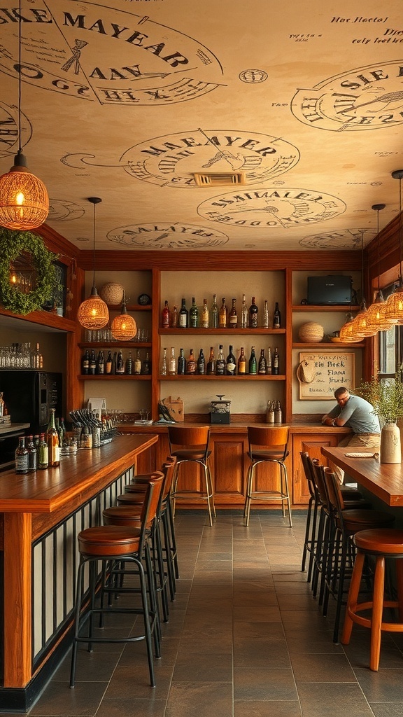 Interior of a rustic bar featuring warm colors and wooden decor.