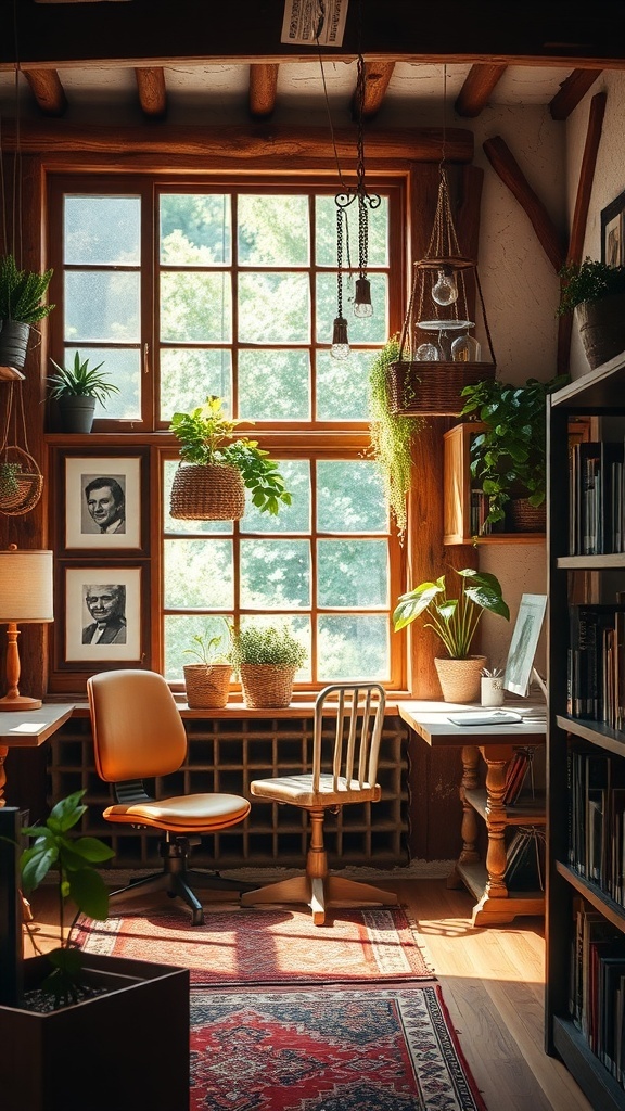 A rustic office with warm colors, featuring wooden furniture, plants, and natural light.