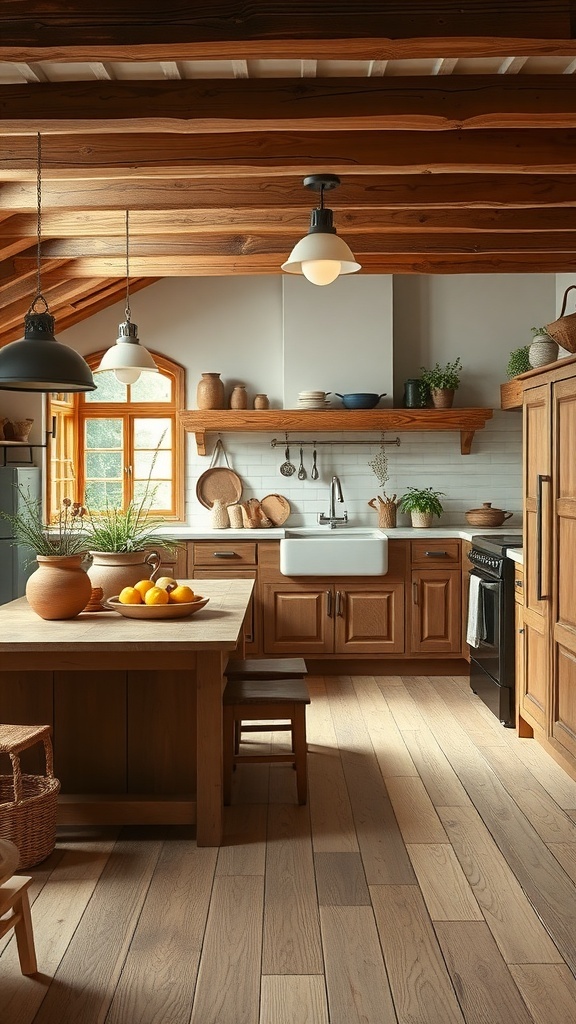 A cozy farmhouse kitchen featuring warm wooden cabinets, a large sink, and a wooden dining table with a bowl of oranges.