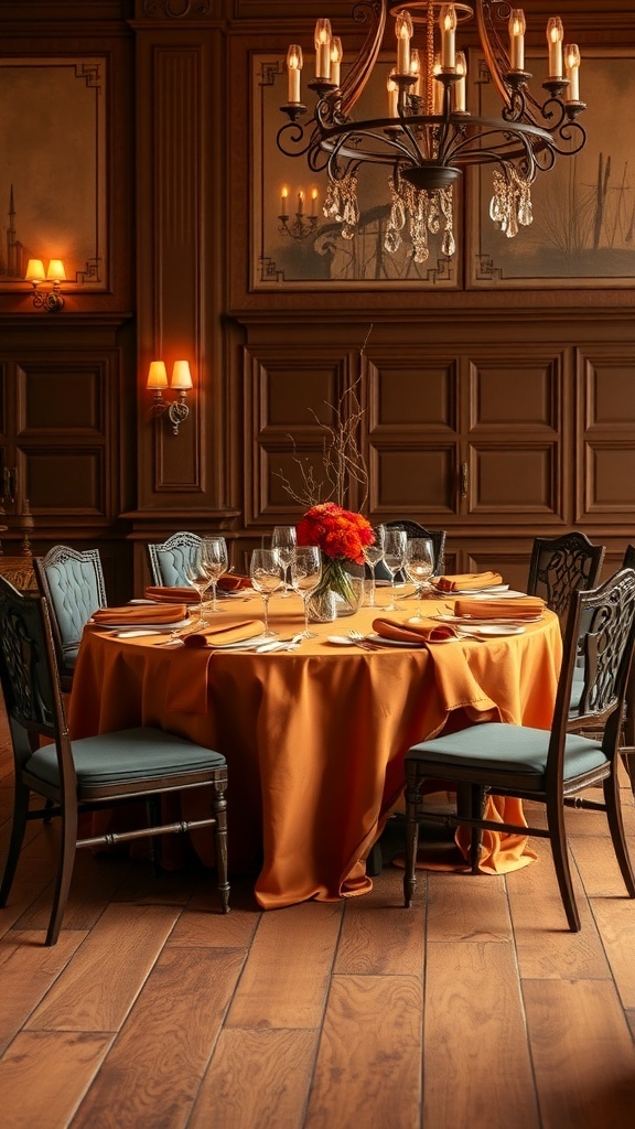 A beautifully set dining table with an orange tablecloth, elegant glassware, and contrasting blue chairs, creating a warm fall atmosphere.