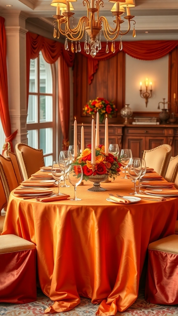 A beautifully decorated dining room table with orange linens, floral centerpiece, and elegant glassware.