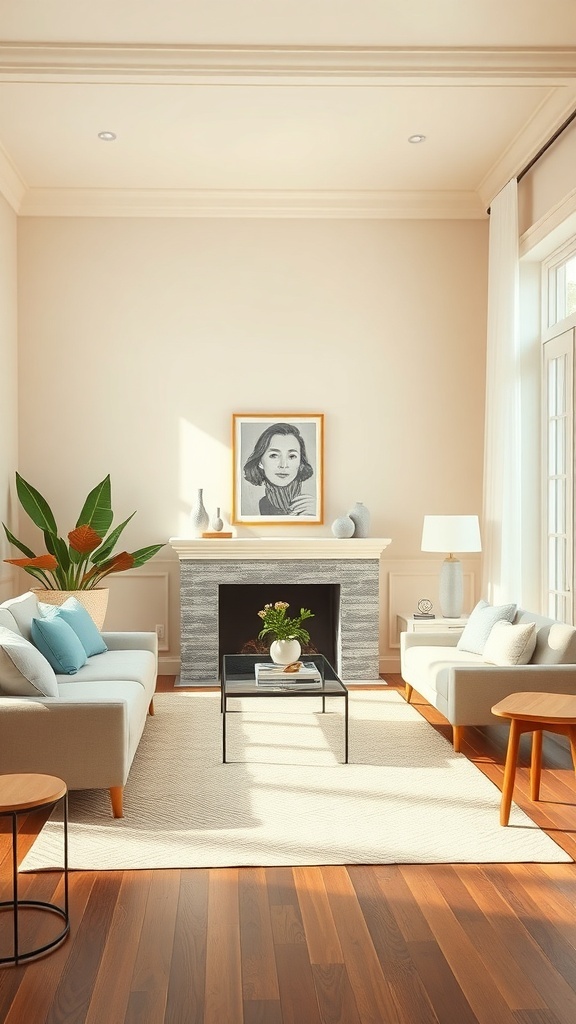 A cozy cottage style living room with warm colors and soft hues.