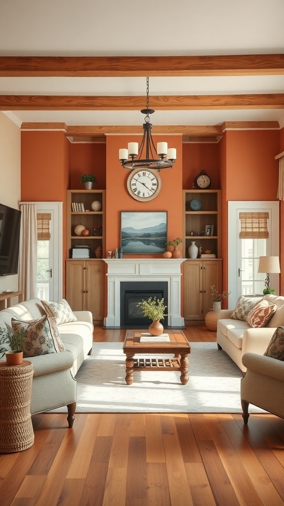 A cozy farmhouse living room featuring warm color palettes with soft oranges and earthy tones.