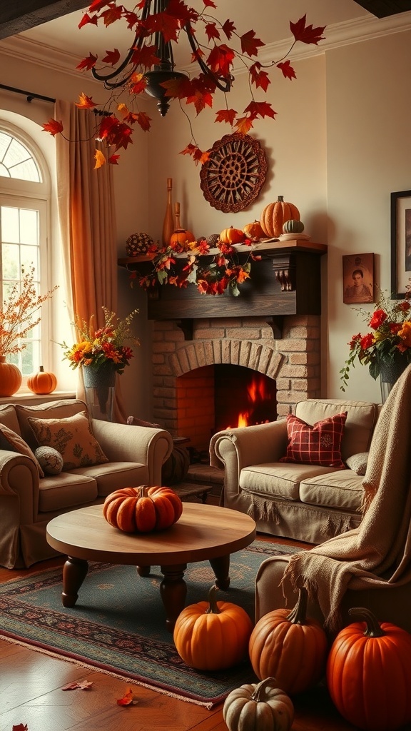 Cozy autumn living room with pumpkins and warm colors
