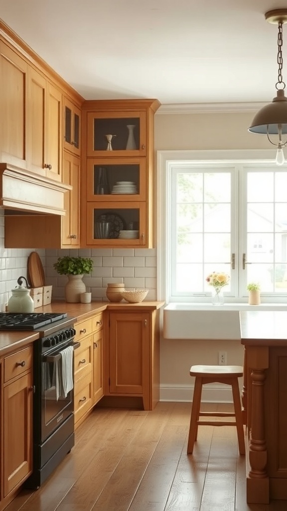 A cozy farmhouse kitchen with warm wood cabinets and natural light.