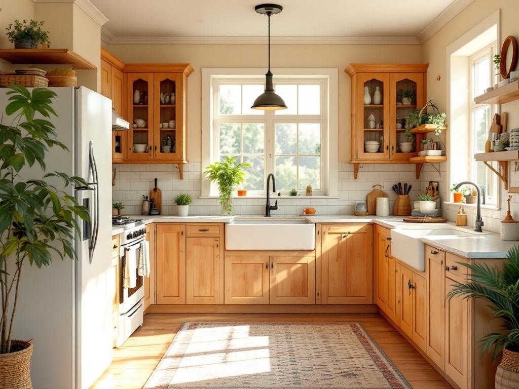 A cozy cottage kitchen with warm wood tones, natural light, and plants.