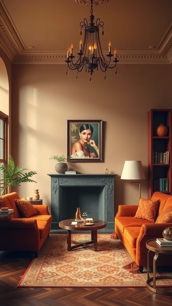 Cozy living room with orange sofas, chandelier, and warm decor