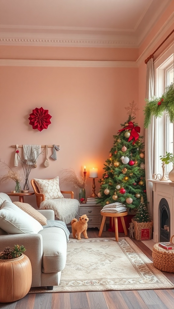 Cozy winter house interior with warm colors and holiday decorations