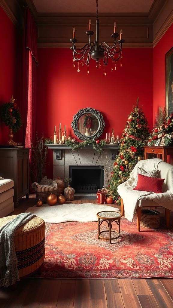 A cozy winter living room with warm red walls, a decorated Christmas tree, and a fireplace.